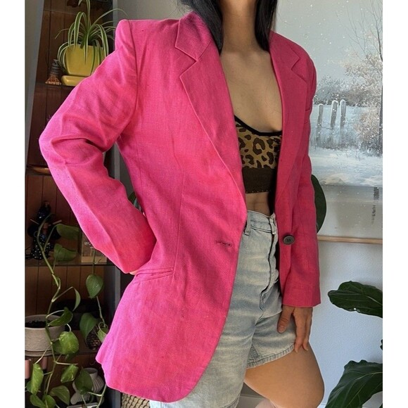 ANN TAYLOR Vintage Hot Pink Linen one button Blazer Long Line Size 4 Retro chic - Picture 7 of 12